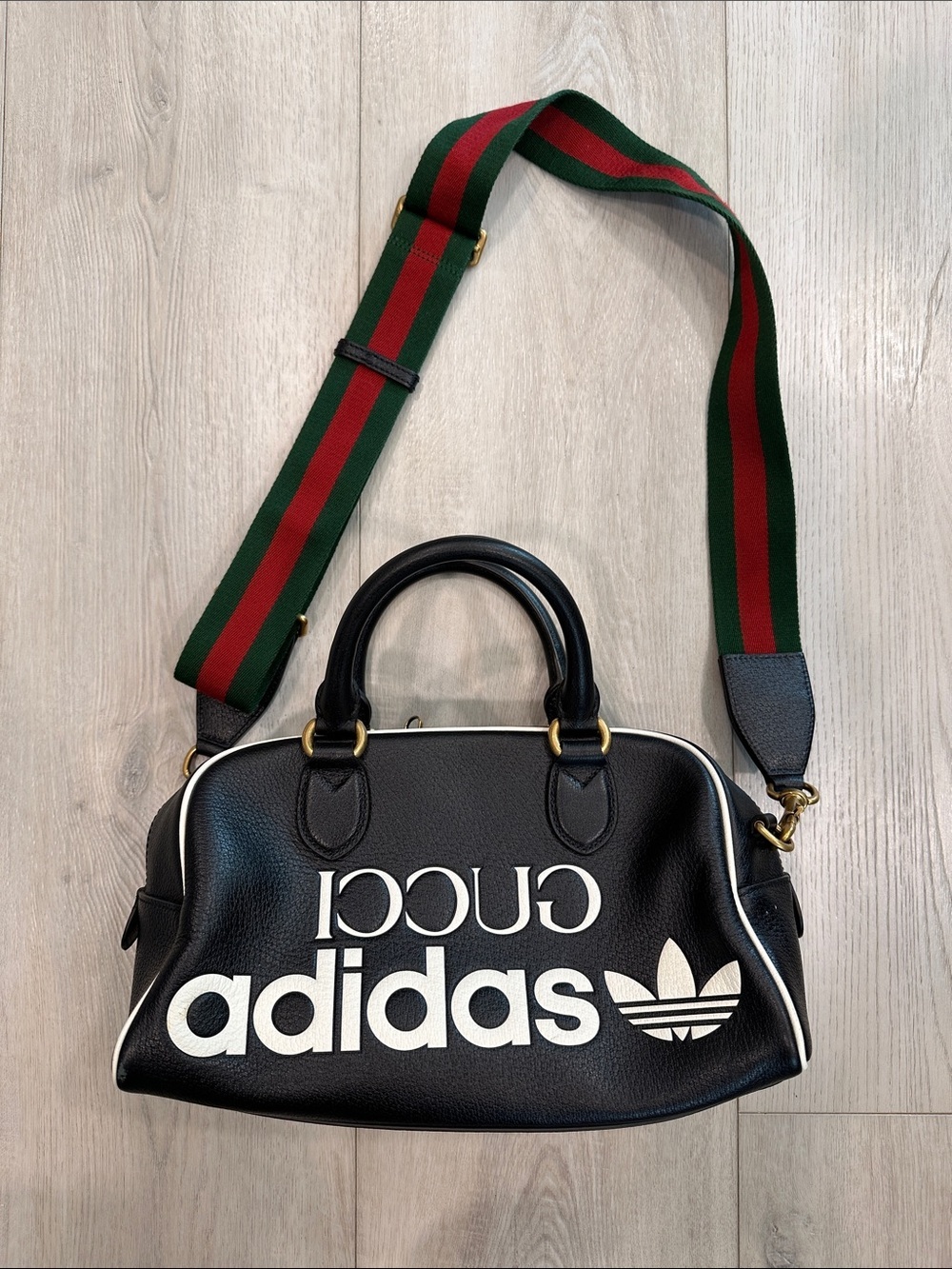 Gucci x Adidas Limited Edition Boston Bowling Bag Black Leather Crossbody